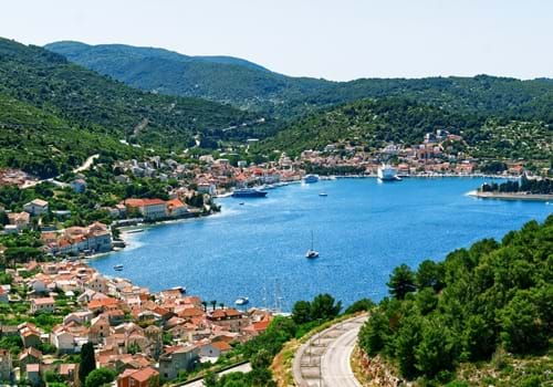 Island Of Vis Bay Aerial View, Dalmatia, Croatia. Europe Paradice Vis Island In Bay Of Adriatic Sea.