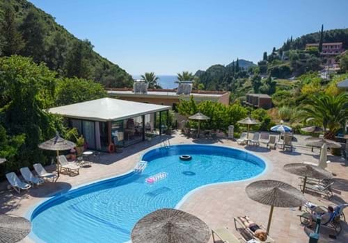 Swimming pool at Paleo Studios, Paleokastritsa, Corfu, Greece.