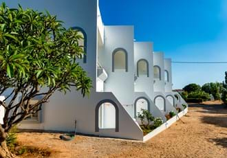 Hotel exterior at the Lia Matina Studios in Pefkos, Rhodes.